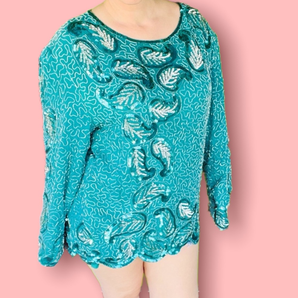 Vintage 80s turquoise sequin beaded shirt shoulder pads size 3x